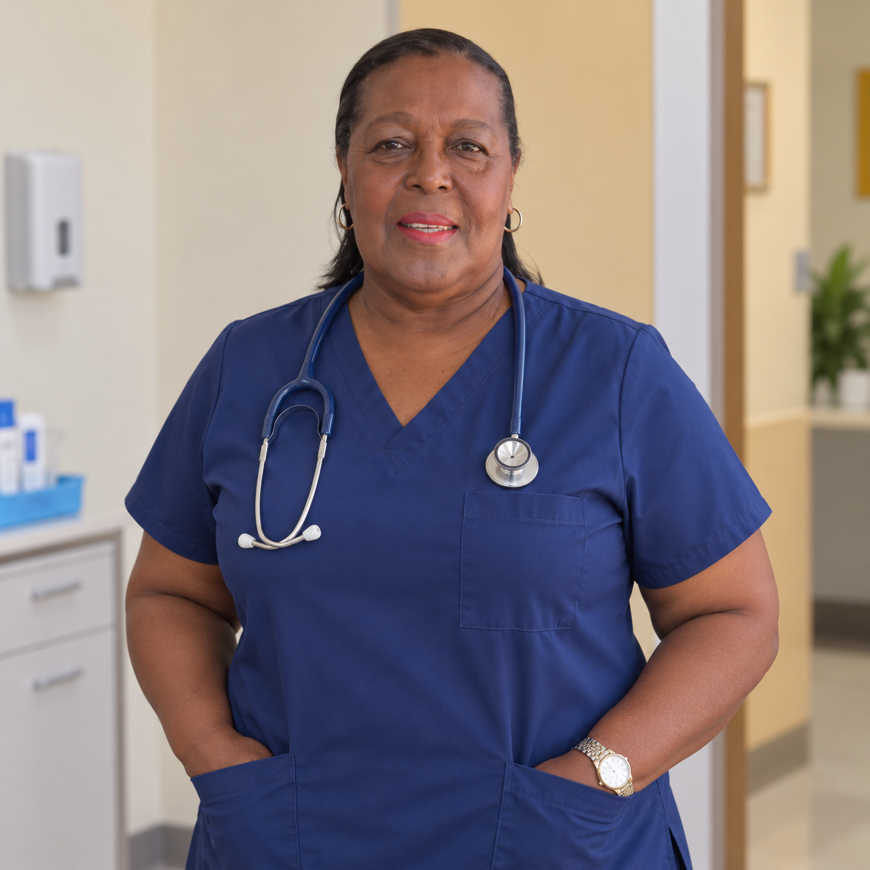 Dr. Audrey Forde in navy nursing scrubs