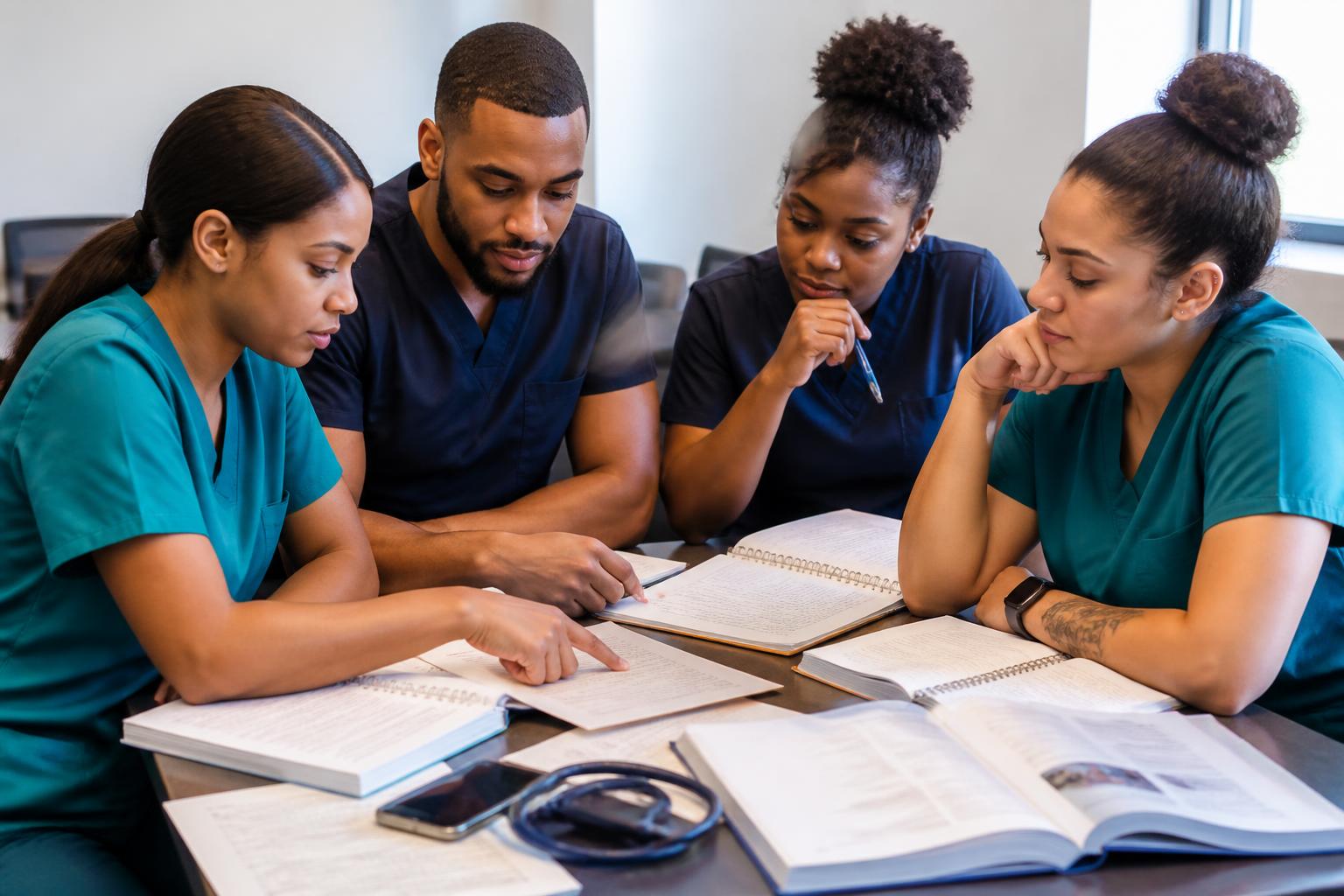 Black and brown nursing students reviewing study materials together